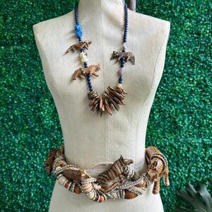 90s Beaded Necklace Set Statement Wood Sculpt